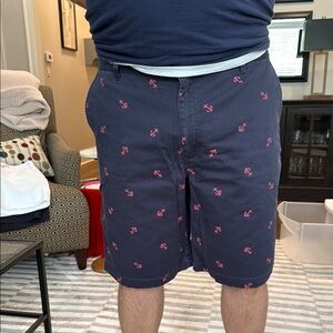 Navy Shorts with Red Anchor Pattern. 
10.5” inseam